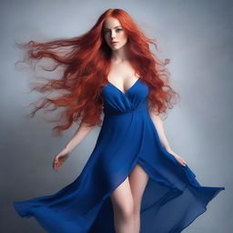 A captivating young woman with very long, flowing red hair, wearing a provocative blue dress that is revealing but covered