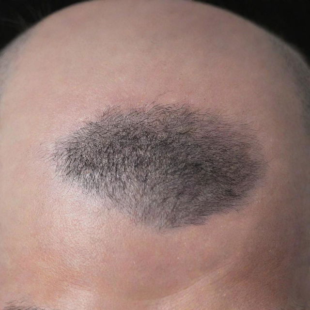 A close-up view of a half-inch bald spot on a head full of black hair, showcasing a mix of broken and regrowing hairs, with particular focus on one radiant, flame-like hair standing out.