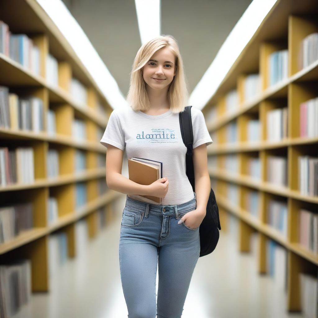 A college girl with blonde hair holding silicone books, standing in a modern library