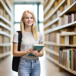 A college girl with blonde hair holding silicone books, standing in a modern library