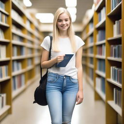 A college girl with blonde hair holding silicone books, standing in a modern library