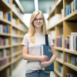 A college girl with blonde hair holding silicone books, standing in a modern library