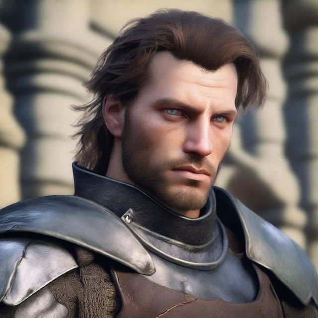 A portrait of a character: a guard with a scar on his cheek, not wearing a helmet