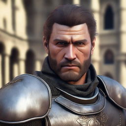 A portrait of a character: a guard with a scar on his cheek, not wearing a helmet