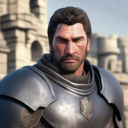 A portrait of a character: a guard with a scar on his cheek, not wearing a helmet