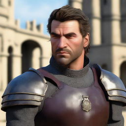 A portrait of a character: a guard with a scar on his cheek, not wearing a helmet