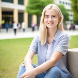 A college girl with blonde hair, wearing casual clothes, sitting in a university campus setting