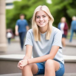 A college girl with blonde hair, wearing casual clothes, sitting in a university campus setting