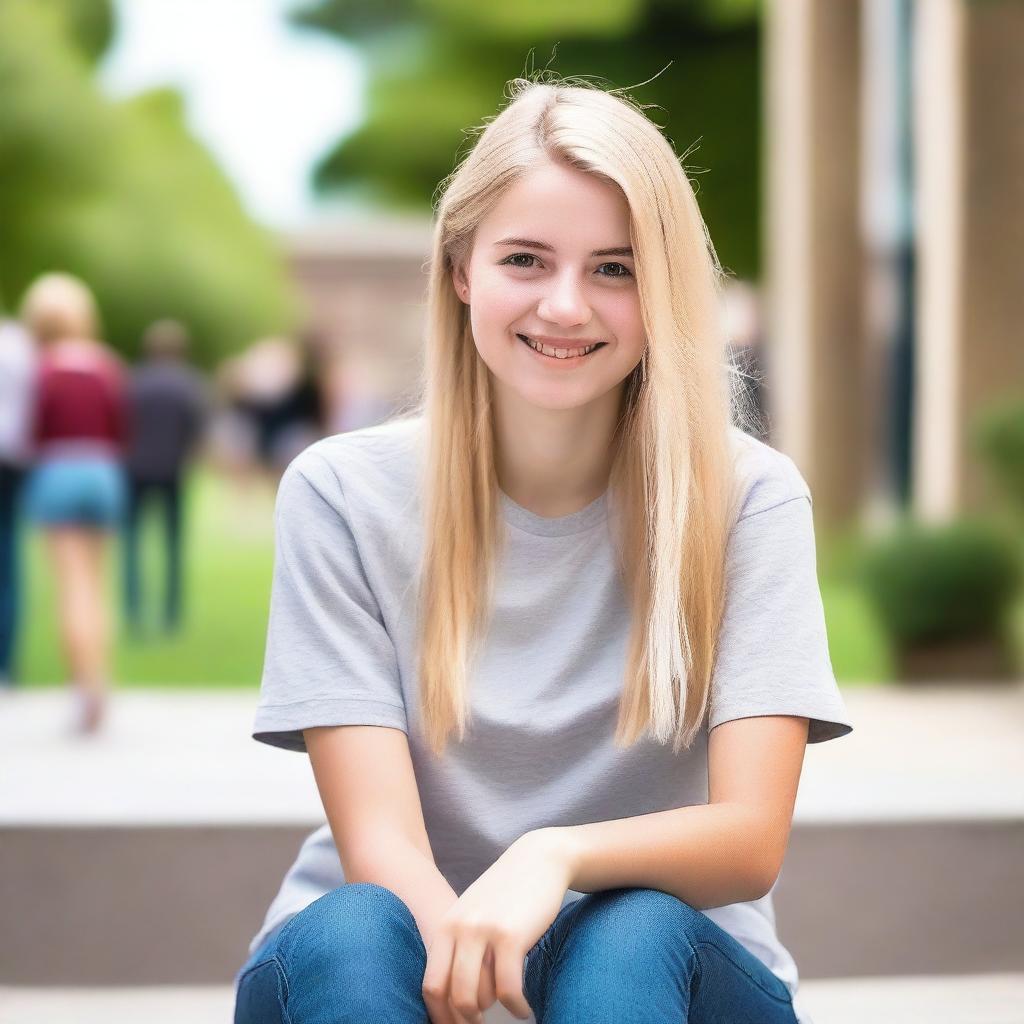 A college girl with blonde hair, wearing casual clothes, sitting in a university campus setting