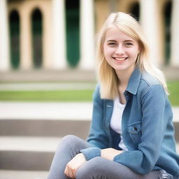 A college girl with blonde hair, wearing casual clothes, sitting in a university campus setting