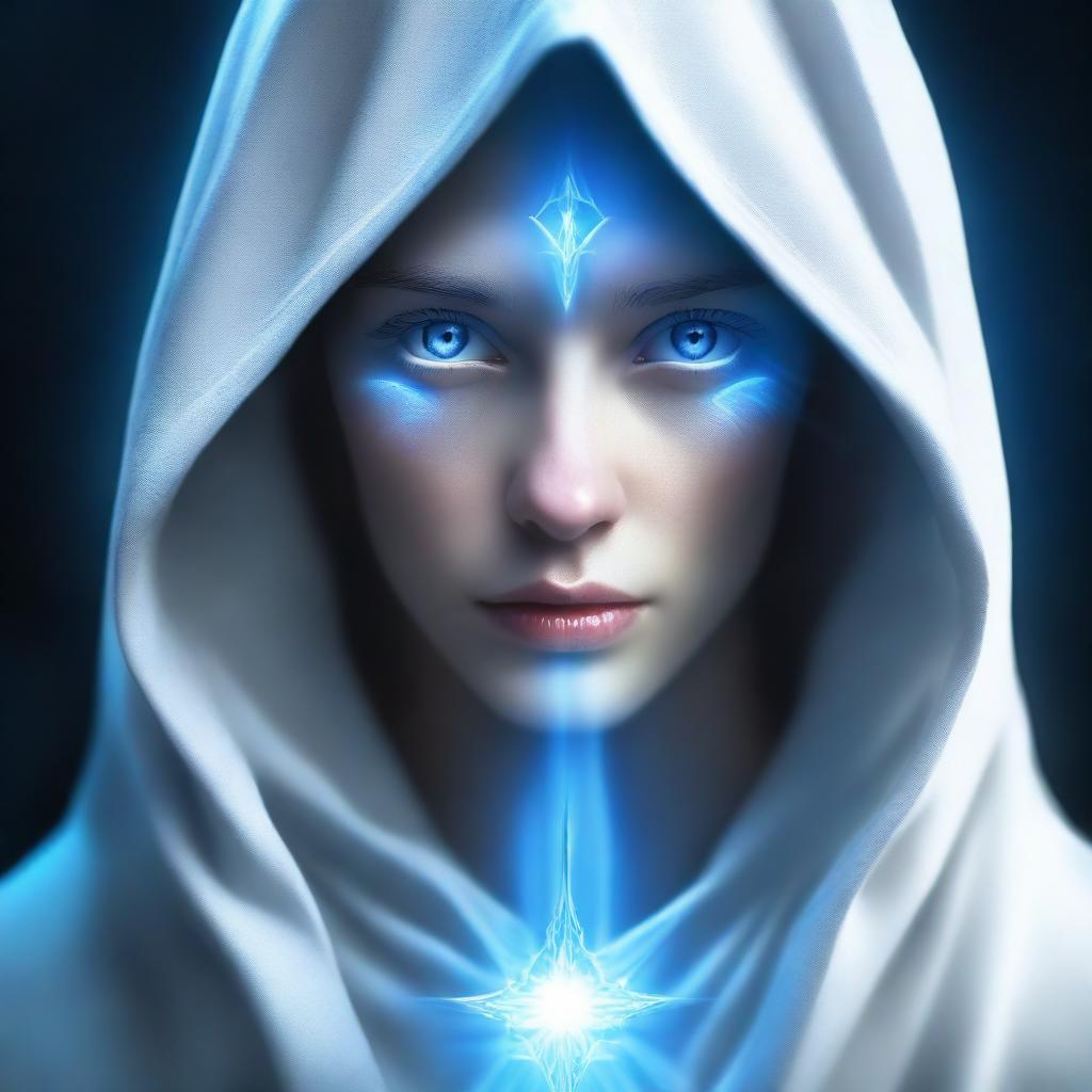 A portrait of a character: a figure dressed in white robes with a hood, featuring glowing blue eyes