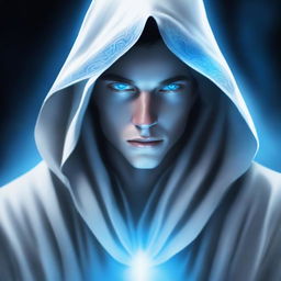 A portrait of a character: a figure dressed in white robes with a hood, featuring glowing blue eyes