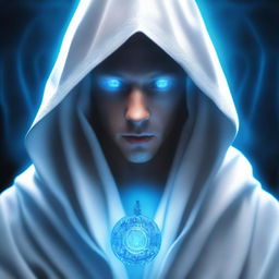 A portrait of a character: a figure dressed in white robes with a hood, featuring glowing blue eyes