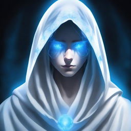 A portrait of a character: a figure dressed in white robes with a hood, featuring glowing blue eyes