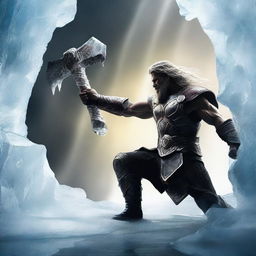 Create a realistic image of a large war hammer similar to Thor's, partially embedded in an ice rock