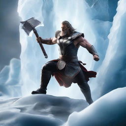 Create a realistic image of a large war hammer similar to Thor's, partially embedded in an ice rock