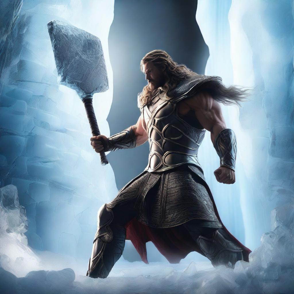 Create a realistic image of a large war hammer similar to Thor's, partially embedded in an ice rock