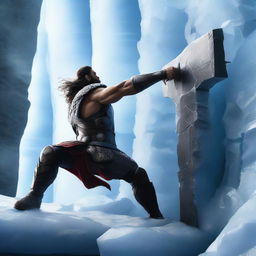 Create a realistic image of a large war hammer similar to Thor's, partially embedded in an ice rock