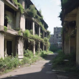 A city that has been abandoned for several years, with overgrown vegetation taking over buildings and streets