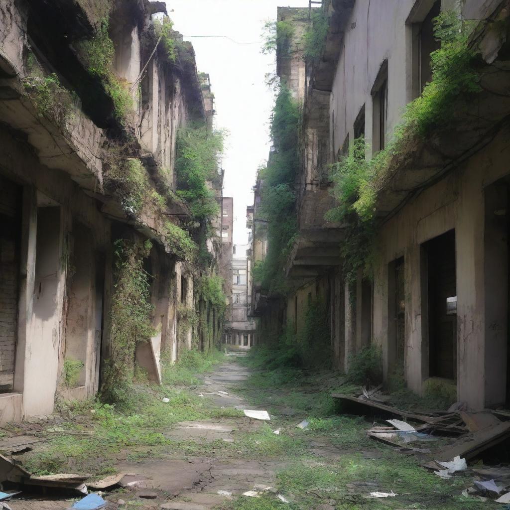 A city that has been abandoned for several years, with overgrown vegetation taking over buildings and streets