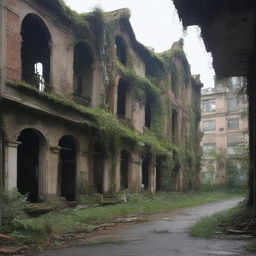 A city that has been abandoned for several years, with overgrown vegetation taking over buildings and streets