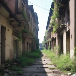 A city that has been abandoned for several years, with overgrown vegetation taking over buildings and streets