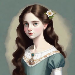 A portrait of a character: a 14-year-old daughter of a minstrel, wearing a brooch in the shape of a flower