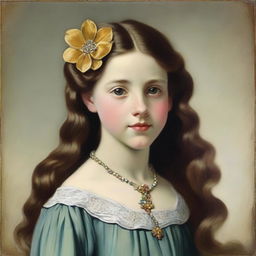 A portrait of a character: a 14-year-old daughter of a minstrel, wearing a brooch in the shape of a flower