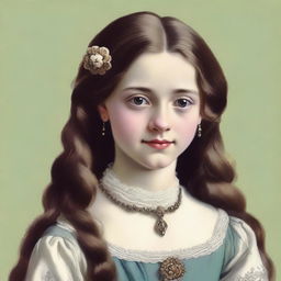 A portrait of a character: a 14-year-old daughter of a minstrel, wearing a brooch in the shape of a flower