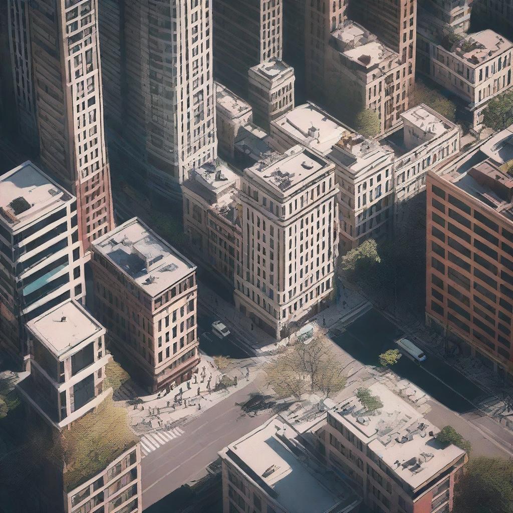 A detailed aerial view from above a tall building, capturing the bustling cityscape below with streets, cars, and people