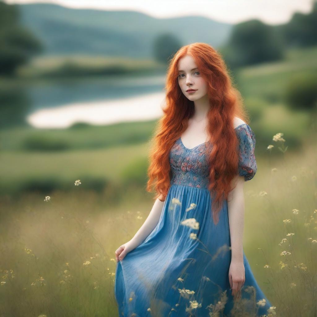 A captivating young woman with very long, flowing red hair, wearing a short blue dress, in a meadow filled with flowers with a river behind her