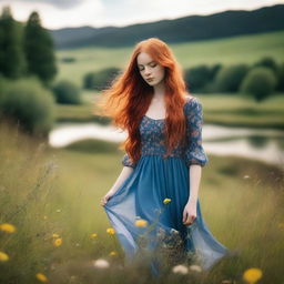 A captivating young woman with very long, flowing red hair, wearing a short blue dress, in a meadow filled with flowers with a river behind her