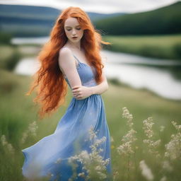 A captivating young woman with very long, flowing red hair, wearing a short blue dress, in a meadow filled with flowers with a river behind her