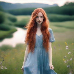 A captivating young woman with very long, flowing red hair, wearing a short blue dress, in a meadow filled with flowers with a river behind her