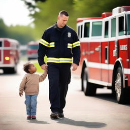 A heartwarming scene of a firefighter father in full gear, holding hands with their child