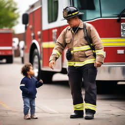 A heartwarming scene of a firefighter father in full gear, holding hands with their child