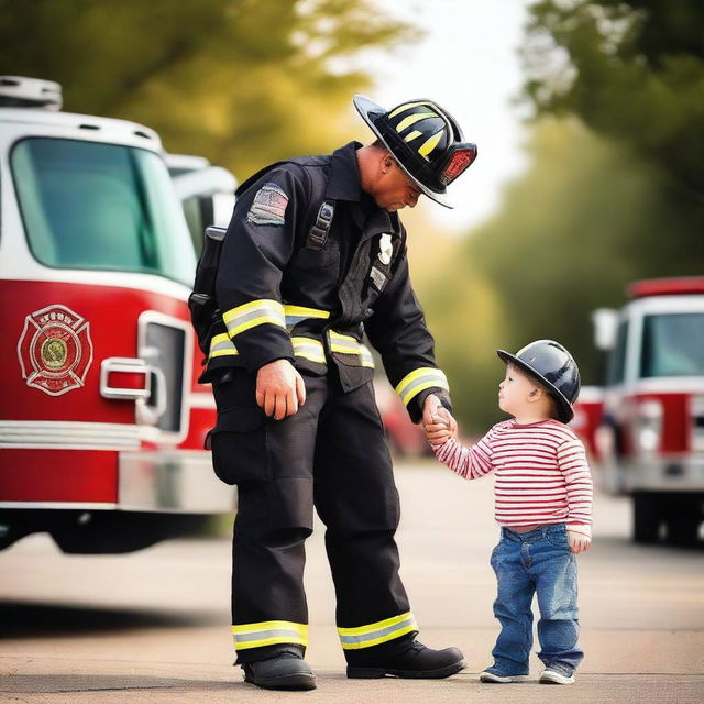 A heartwarming scene of a firefighter father in full gear, holding hands with their child