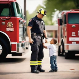 A heartwarming scene of a firefighter father in full gear, holding hands with their child