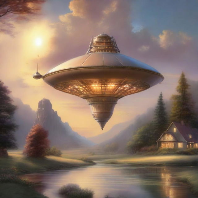 A painting in the style of Thomas Kinkade depicting a futuristic long and narrow spacecraft with numerous lights on, landed in a serene country scene at sunset