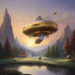 A painting in the style of Thomas Kinkade depicting a futuristic long and narrow spacecraft with numerous lights on, landed in a serene country scene at sunset