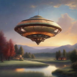 A painting in the style of Thomas Kinkade depicting a futuristic long and narrow spacecraft with numerous lights on, landed in a serene country scene at sunset