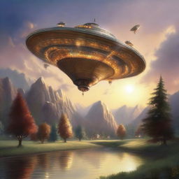 A painting in the style of Thomas Kinkade depicting a futuristic long and narrow spacecraft with numerous lights on, landed in a serene country scene at sunset