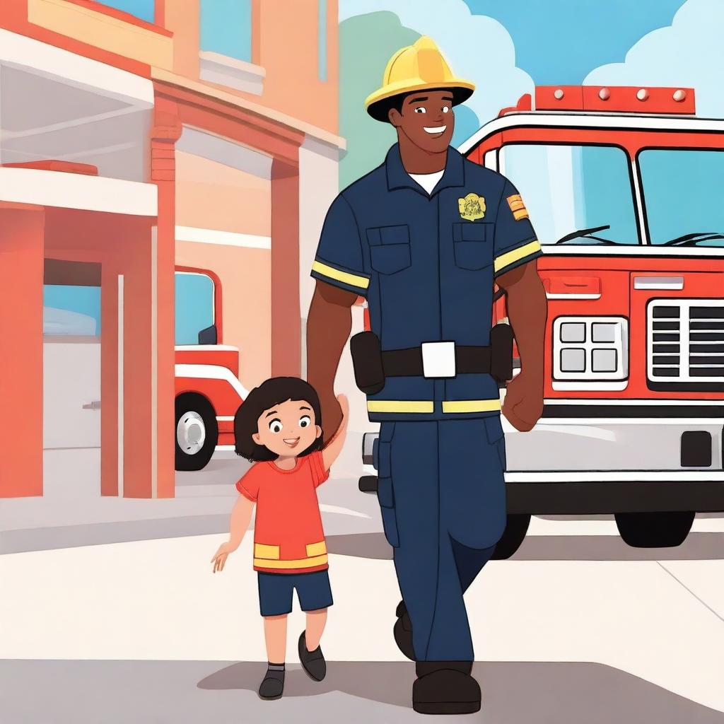 A heartwarming scene of a firefighter father in full gear, holding hands with their child, illustrated as a cute cartoon