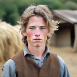 A portrait of a character: a young stable boy around 25 years old