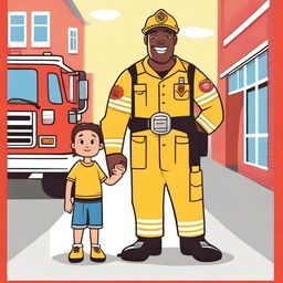 A heartwarming scene of a firefighter father in full gear, holding hands with their child, illustrated as a cute cartoon