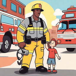 A heartwarming scene of a firefighter father in full gear, holding hands with their child, illustrated as a cute cartoon