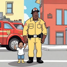 A heartwarming scene of a firefighter father in full gear, holding hands with their child, illustrated as a cute cartoon