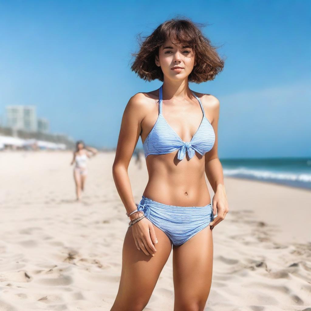 A full-length image of a girl with short hair wearing a bikini