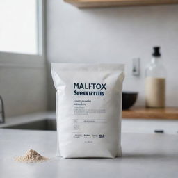 A bag of maltodextrin on a clean and minimalistic kitchen counter