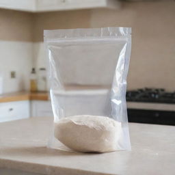 A transparent bag filled with maltodextrin on a pristine kitchen countertop